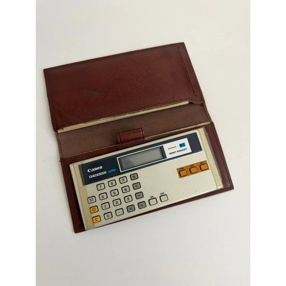 Vintage Canon Checkbook Junior Money Manager Calculator Brown Wallet Manual